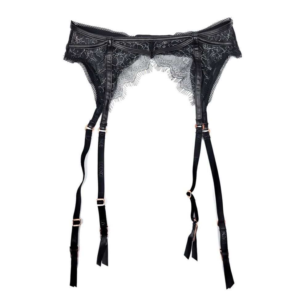 LOUNGE Intimates Pandora Eyelash Lace Garter Belt Lingerie in Black Metallic XS